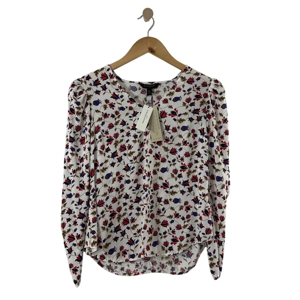 Banana Republic Womens Petite XS Red Floral V-Neck Puff Sleeve Blouse New